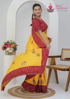 Yellow / Red Soft Synthetic Silk saree with Zari and Figure Work side drape view