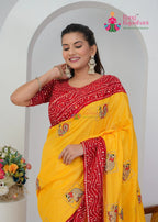 Yellow / Red Soft Synthetic Silk saree with Zari and Figure Work close up detailing