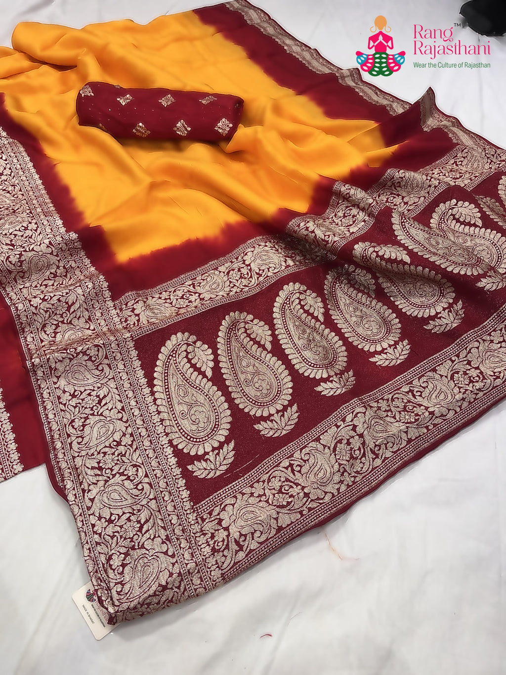 pallu detailing of yellow russian silk banarasi zari weave pila saree 