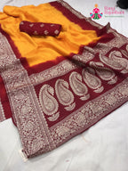 pallu detailing of yellow russian silk banarasi zari weave pila saree 