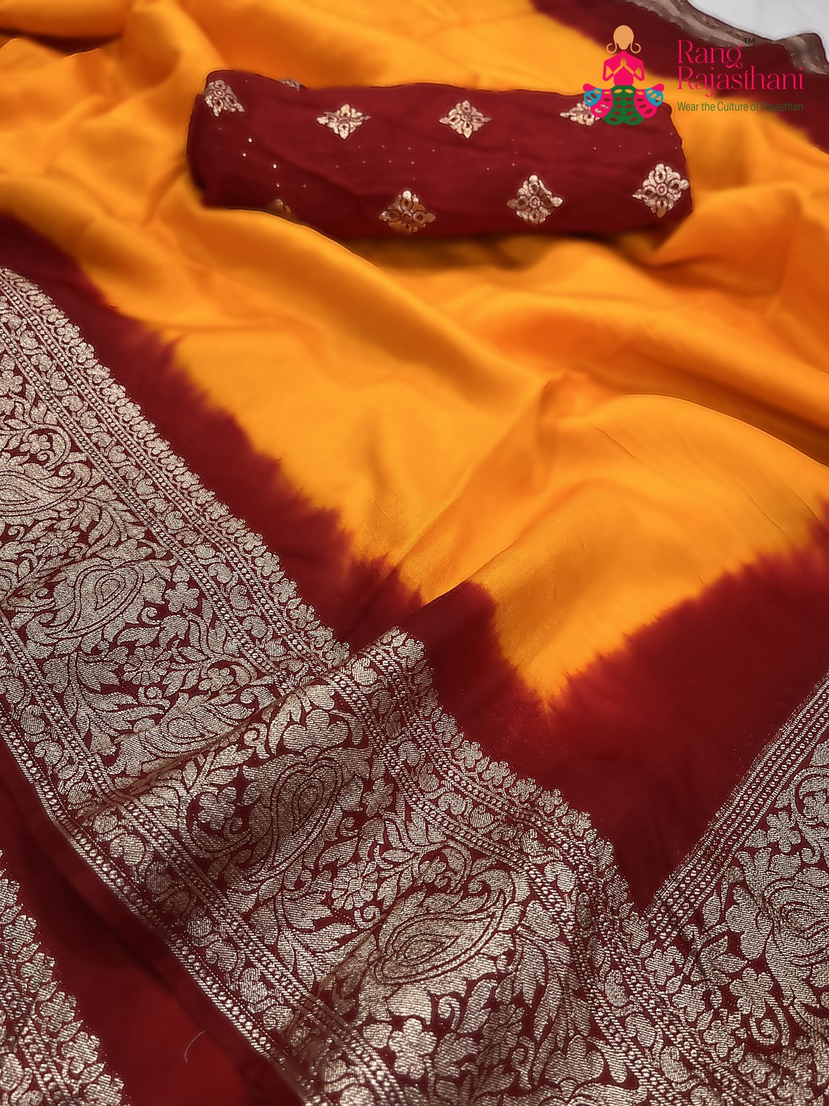 complete look of yellow russian silk banarasi zari weave pila saree 