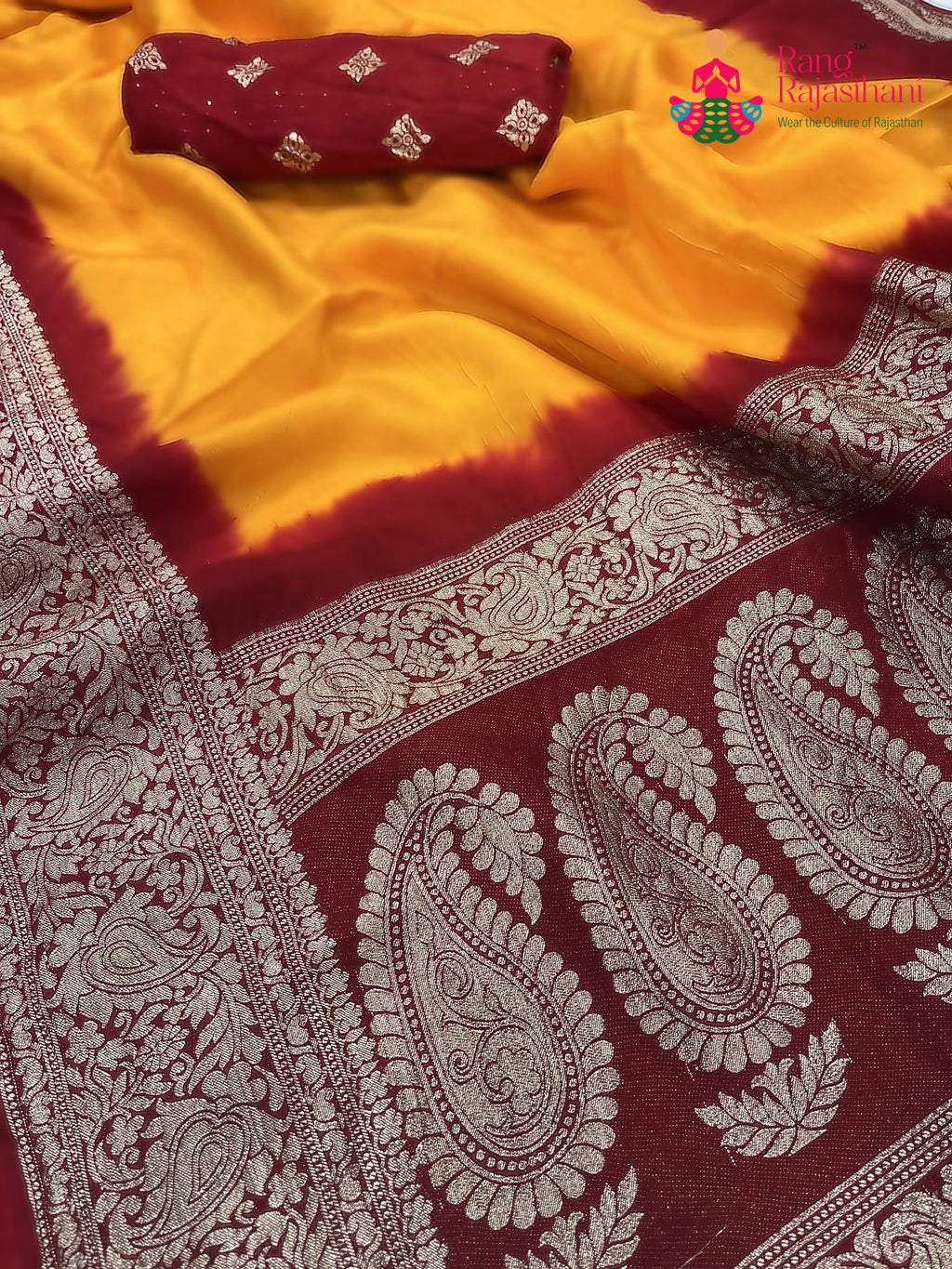 yellow russian silk banarasi zari weave pila saree for motherhood ceremony by Rang Rajasthani