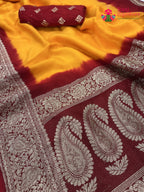 yellow russian silk banarasi zari weave pila saree for motherhood ceremony by Rang Rajasthani