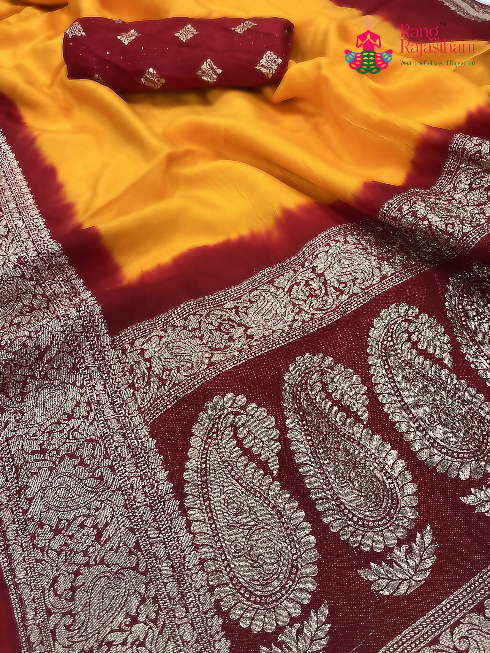 yellow russian silk banarasi zari weave pila saree for motherhood ceremony by Rang Rajasthani