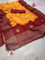 complete look of yellow russian silk hand embellishment pila saree 