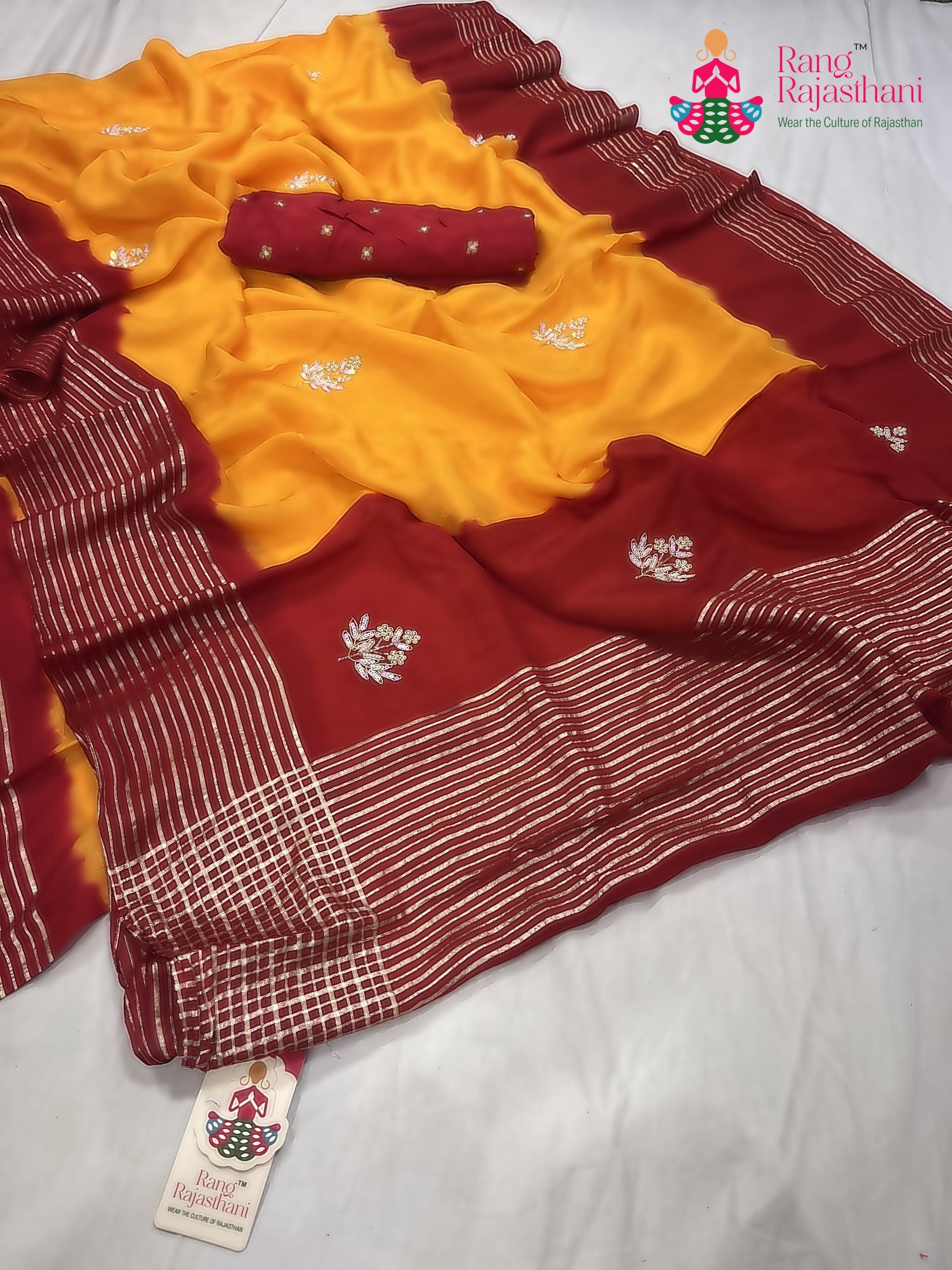 complete look of yellow russian silk hand embellishment pila saree 