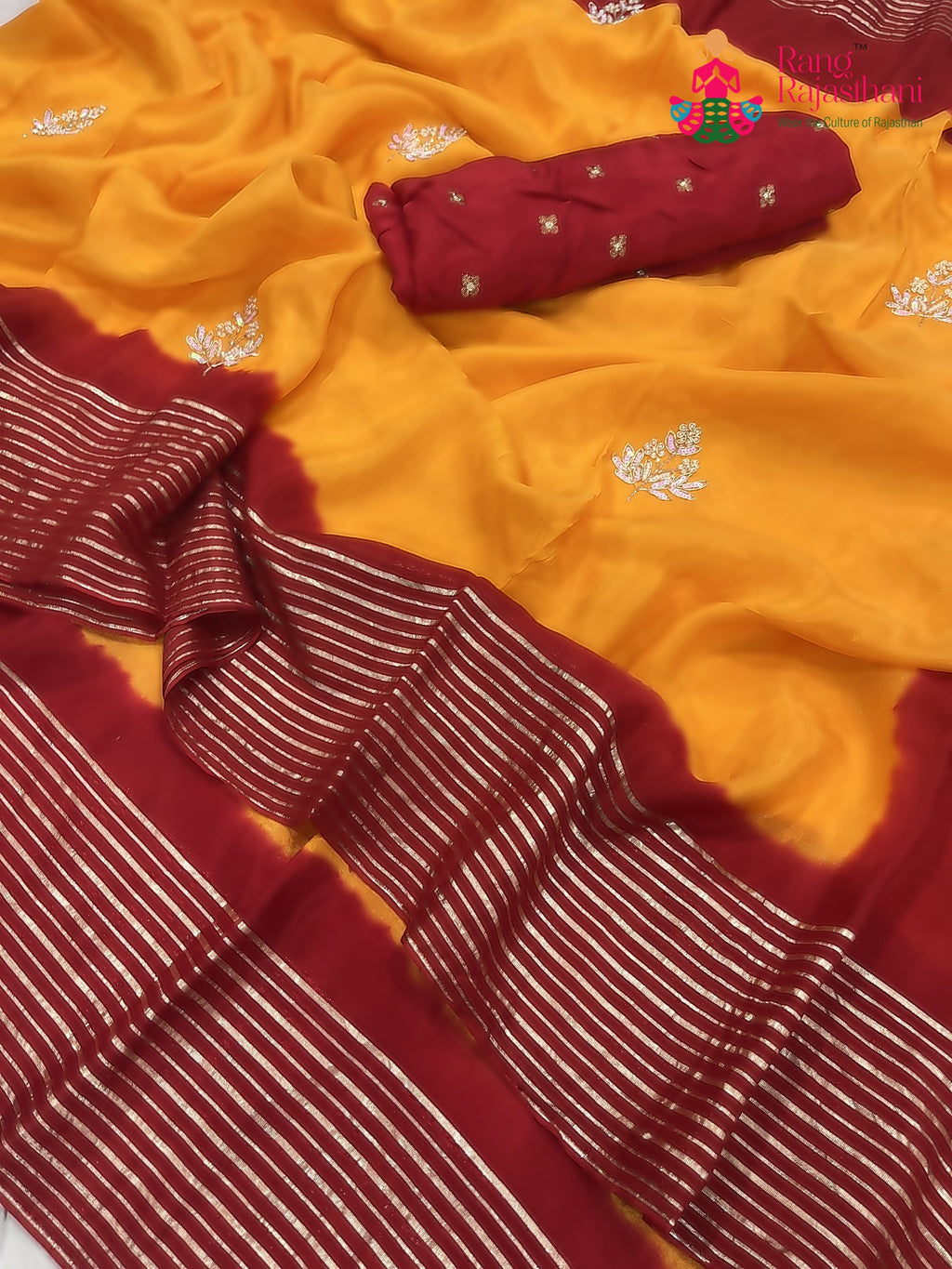 pallu detailing of yellow russian silk hand embellishment pila saree 