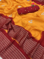 pallu detailing of yellow russian silk hand embellishment pila saree 