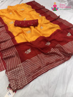 complete look of yellow russian silk hand embellishment pila saree 