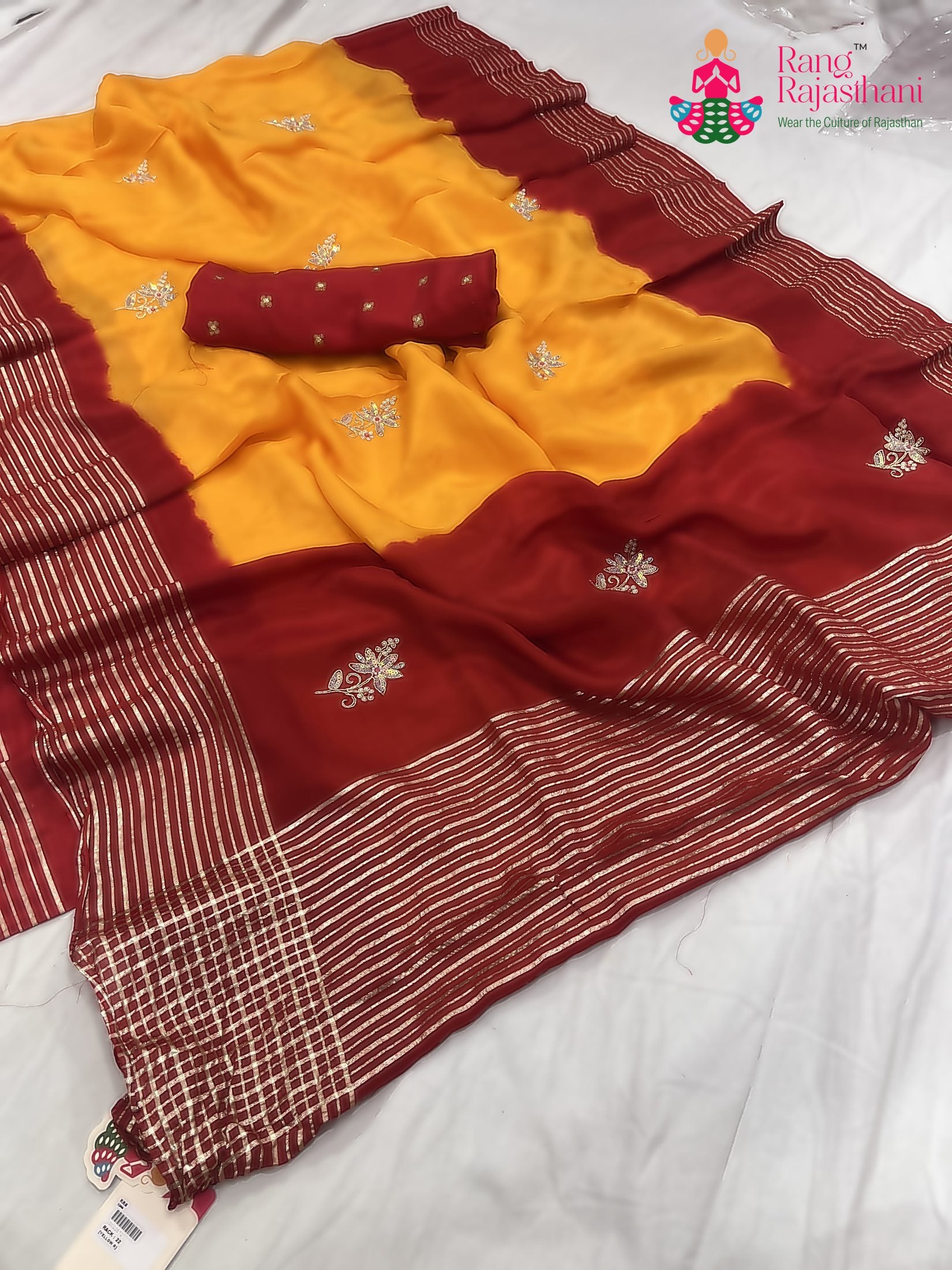 complete look of yellow russian silk hand embellishment pila saree 