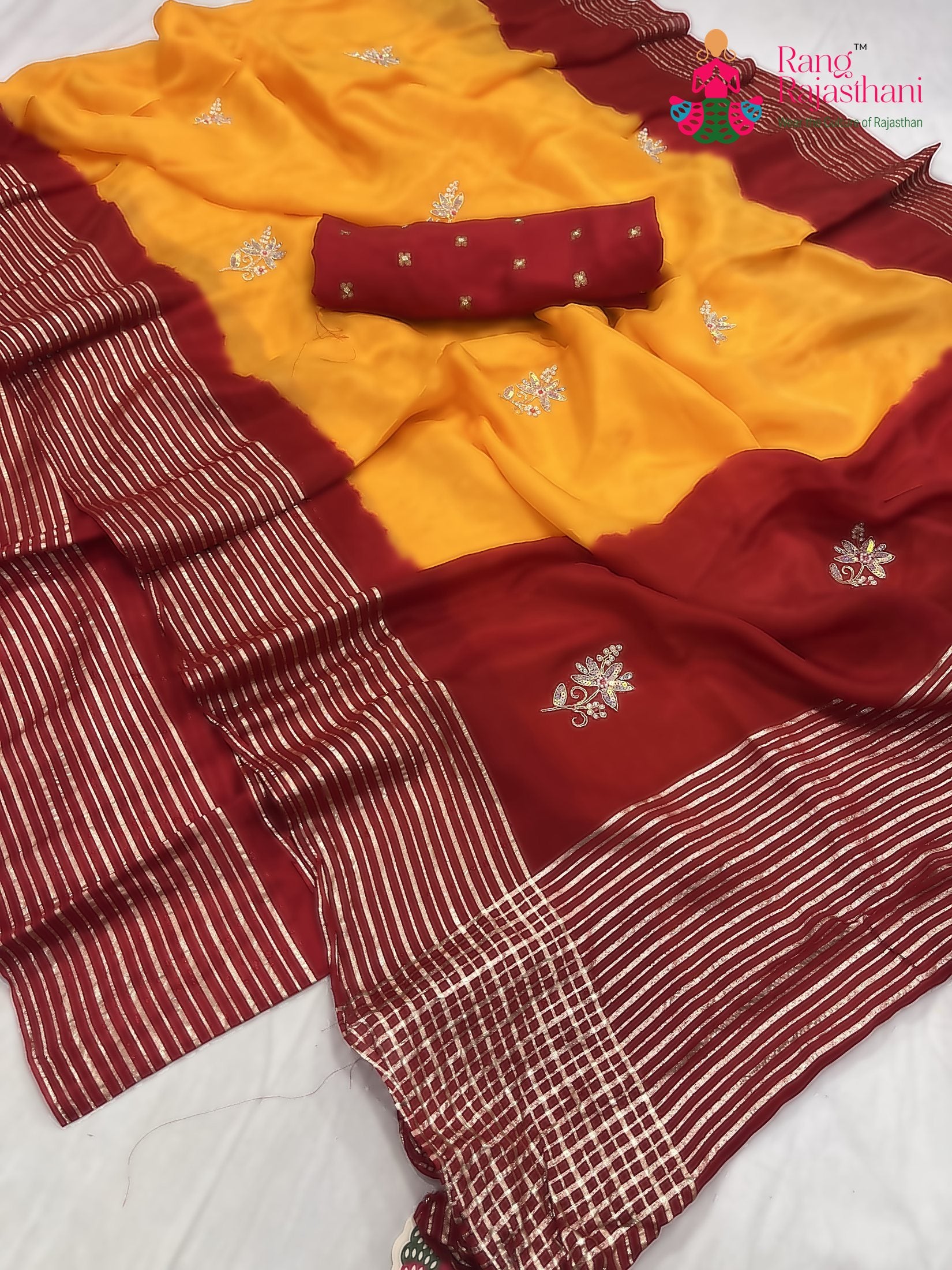 close up detailing of yellow russian silk hand embellishment pila saree 