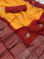 yellow russian silk hand embellishment pila saree for motherhood ceremony by Rang Rajasthani
