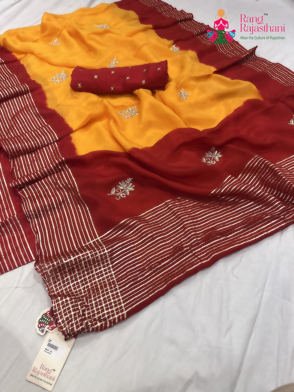 pallu detailing of yellow russian silk hand embellishment pila saree 