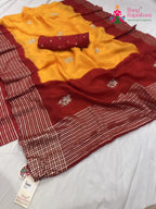 pallu detailing of yellow russian silk hand embellishment pila saree 