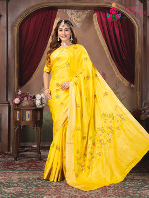 Yellow Chinnon Resham Embroidery Saree for Haldi Ceremony | Editor Choice