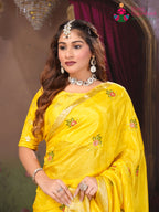 Yellow Pure Chinon saree with Resham Embroidery close up detailing