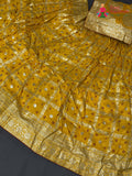Yellow Pure Dola Silk Hand Tie Dye Bandhani Gharchola Lehenga Chunni for Haldi Ceremony | Designer Edit