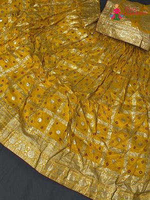 Yellow Pure Dola Silk Hand Tie Dye Bandhani Gharchola Lehenga Chunni for Haldi Ceremony | Designer Edit