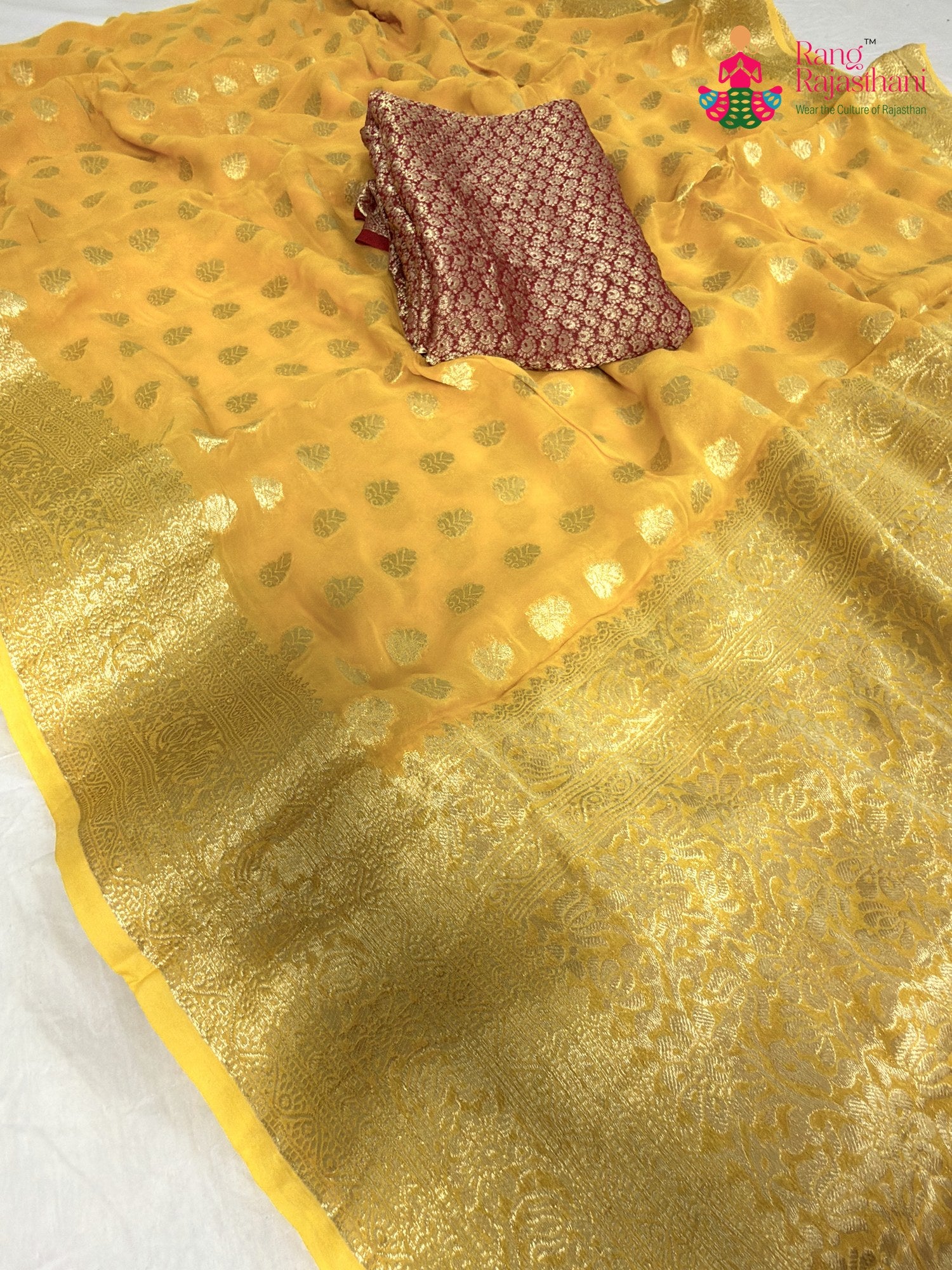 yellow soft georgette banarasi zari weave saree for haldi ceremony by Rang Rajasthani
