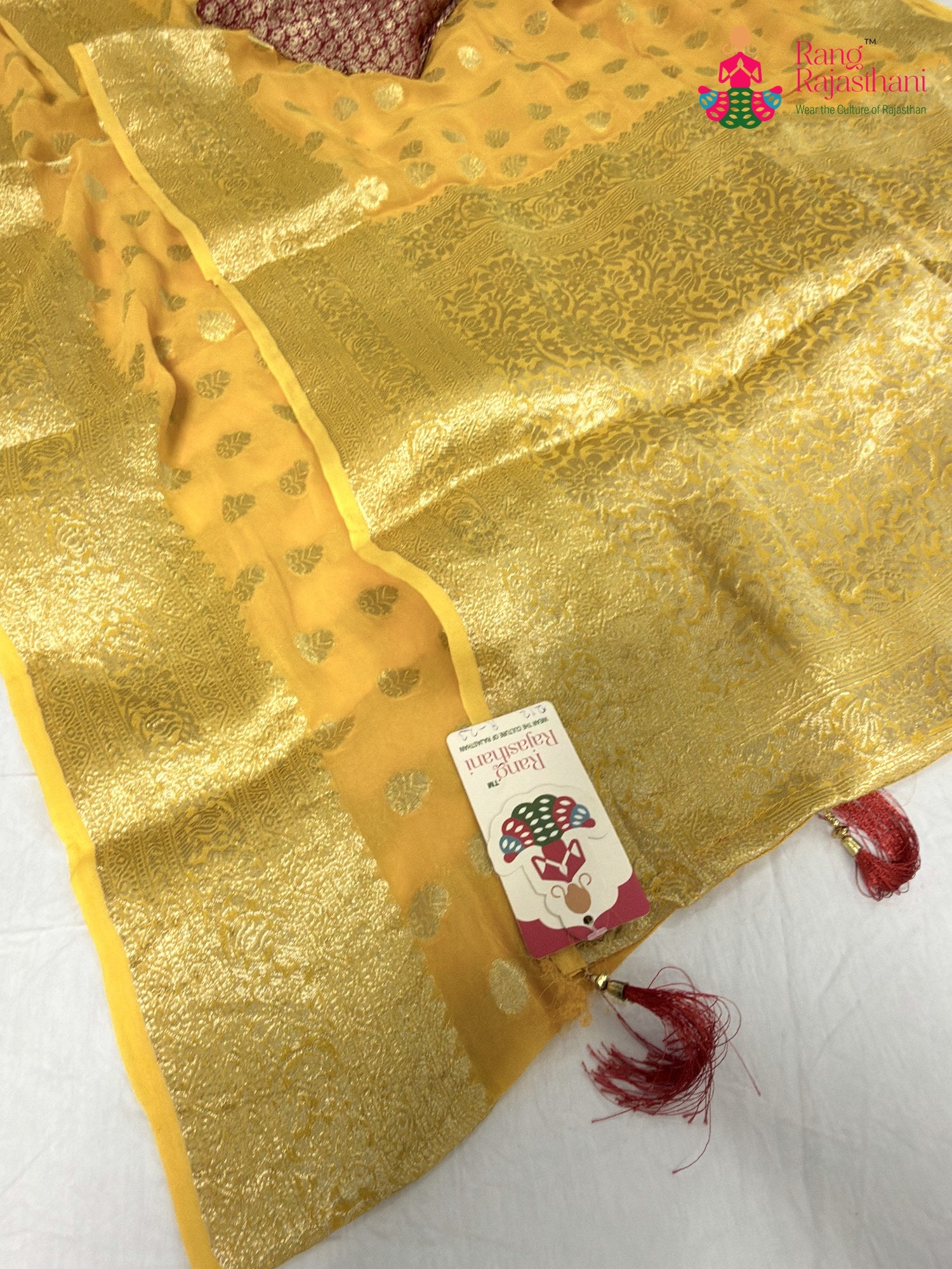 complete look of yellow soft georgette banarasi zari weave saree