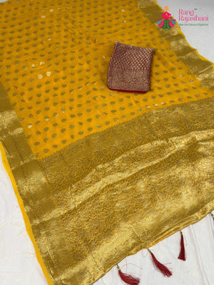 Yellow Soft Georgette Banarasi Zari Weave Saree for Haldi Ceremony | Easy Drape