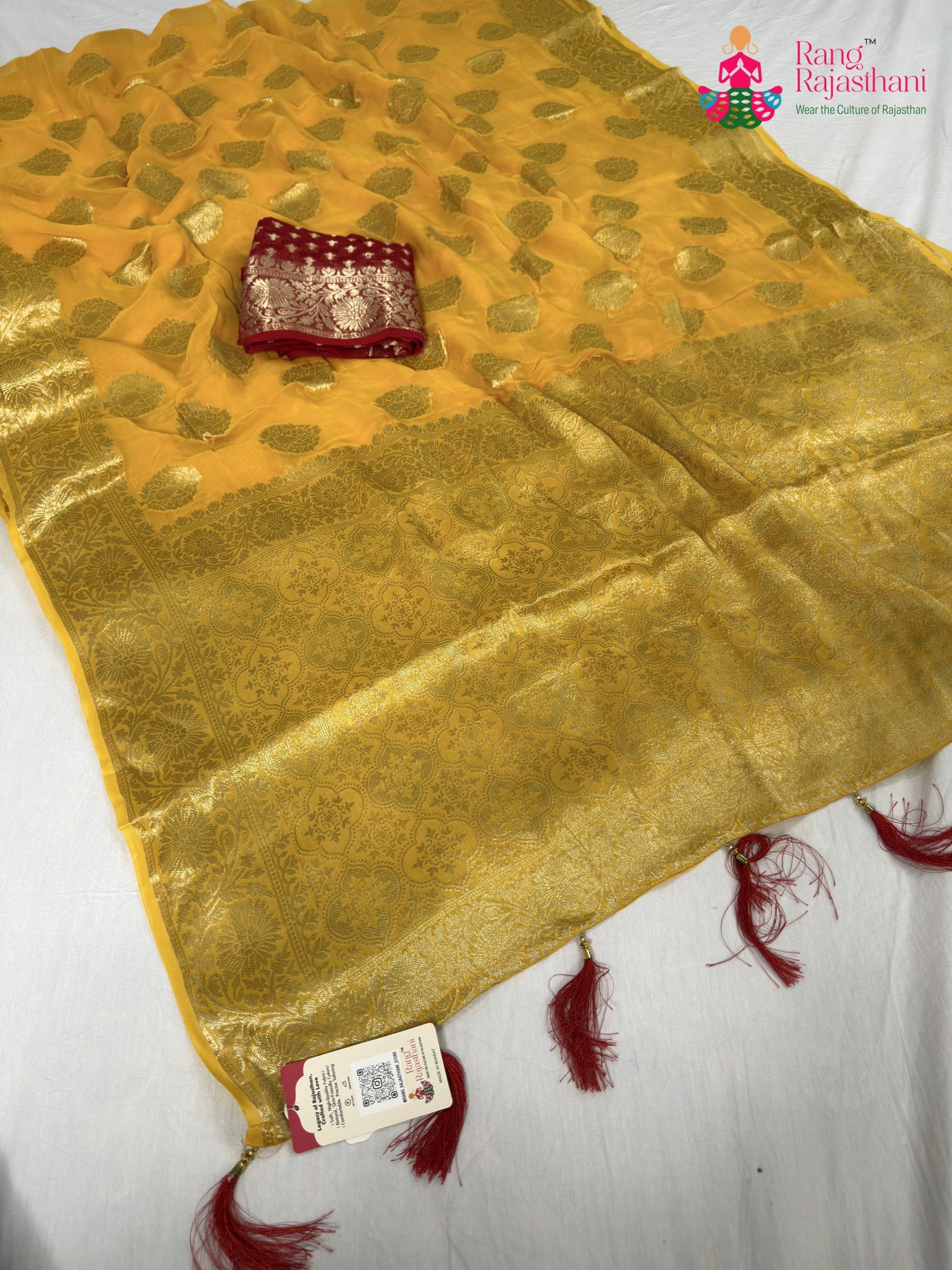 yellow soft georgette banarasi zari weave saree for haldi ceremony by Rang Rajasthani