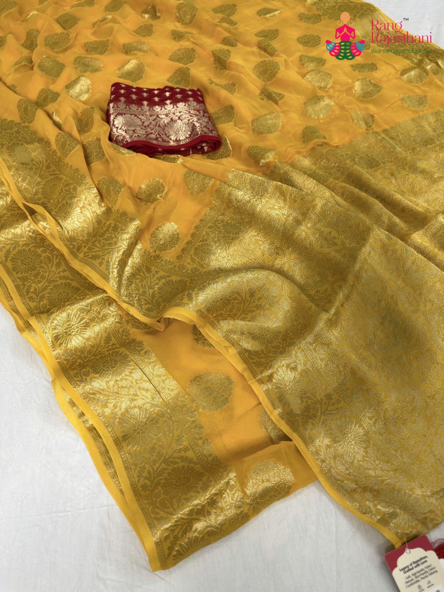 complete look of yellow soft georgette banarasi zari weave saree