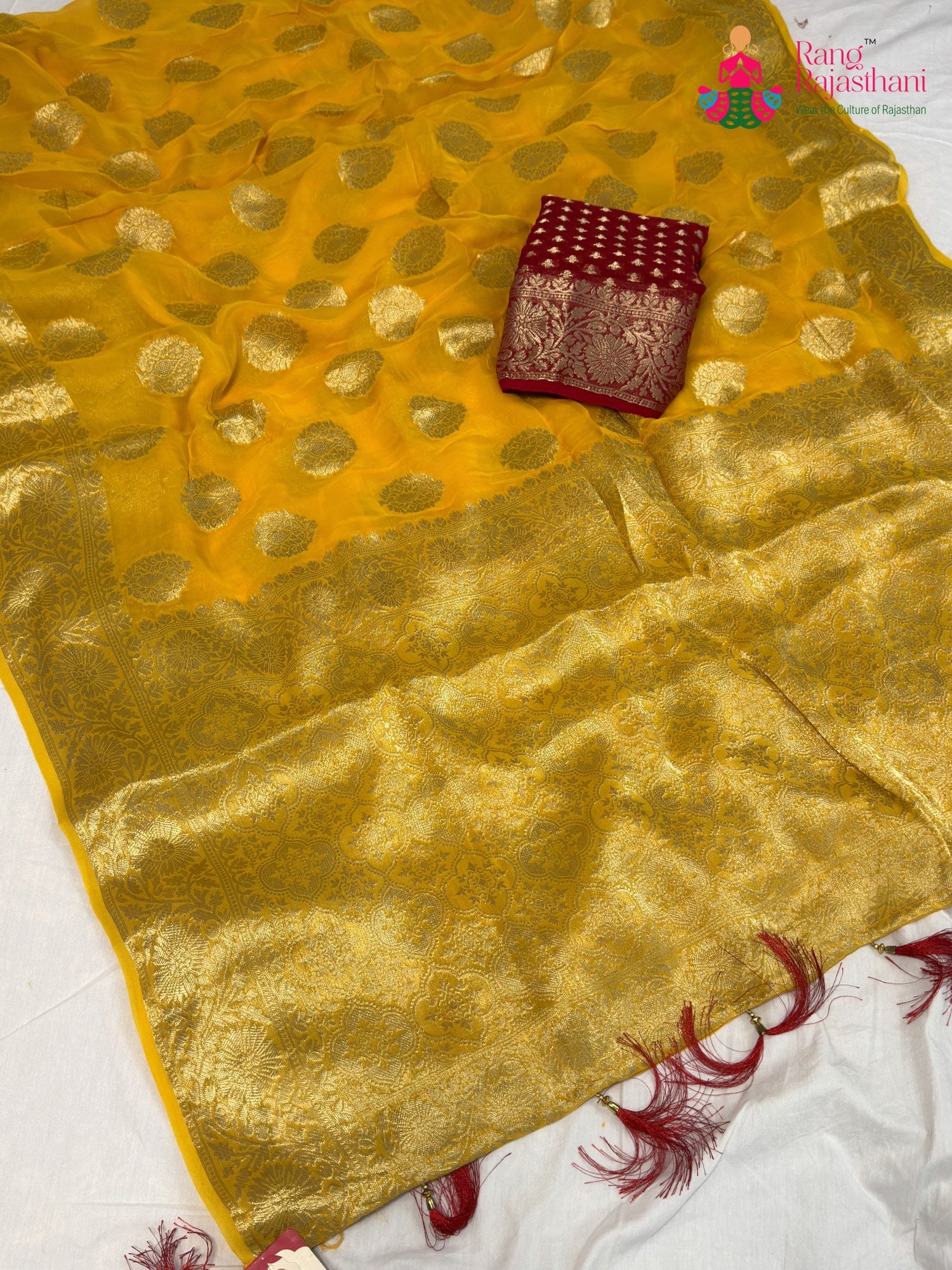 Yellow Soft Georgette Banarasi Zari Weave Saree for Haldi Ceremony | Curated Look