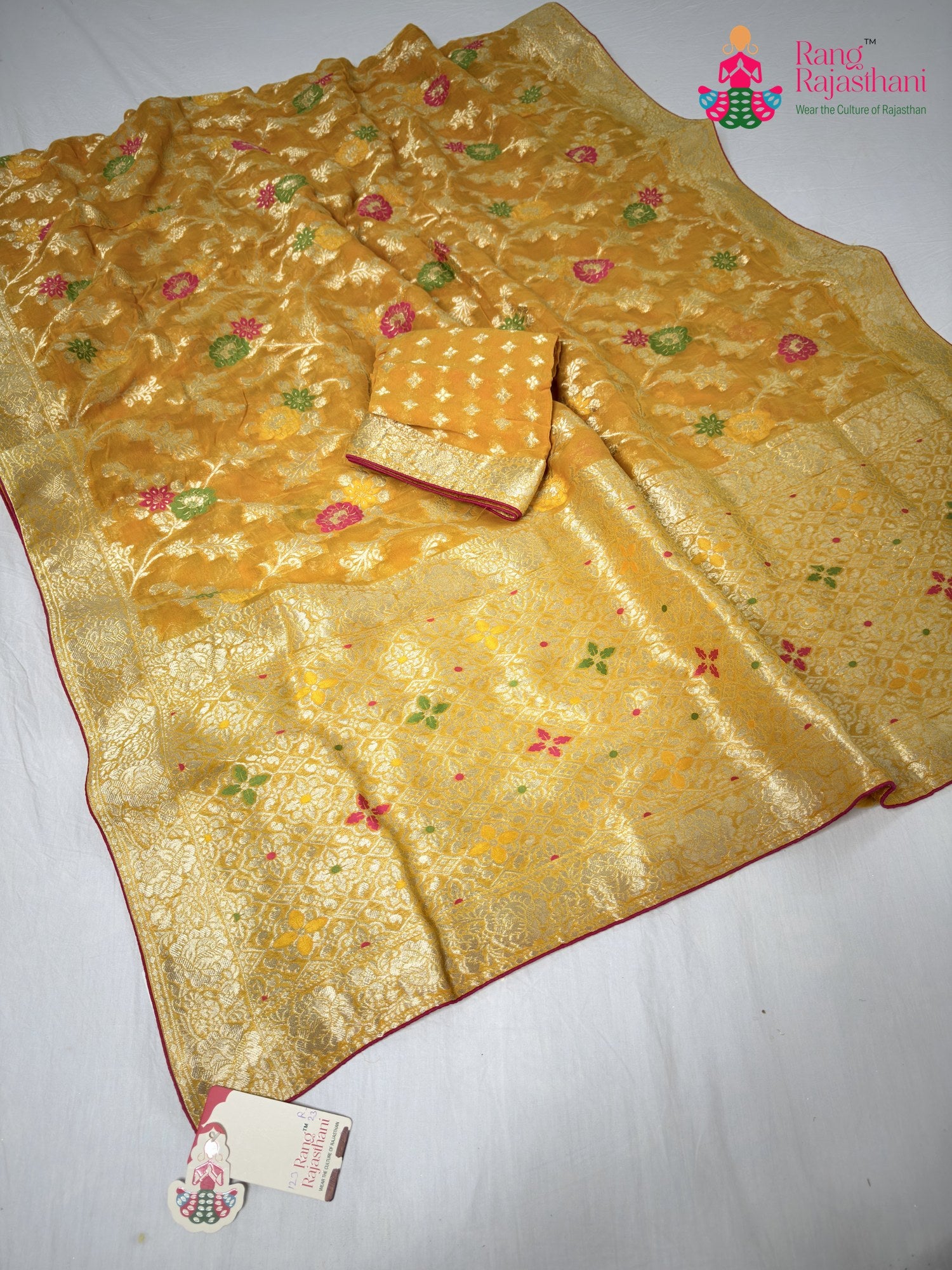 yellow soft georgette meenakari zari saree for haldi ceremony by Rang Rajasthani