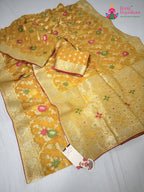 complete look of yellow soft georgette meenakari zari saree