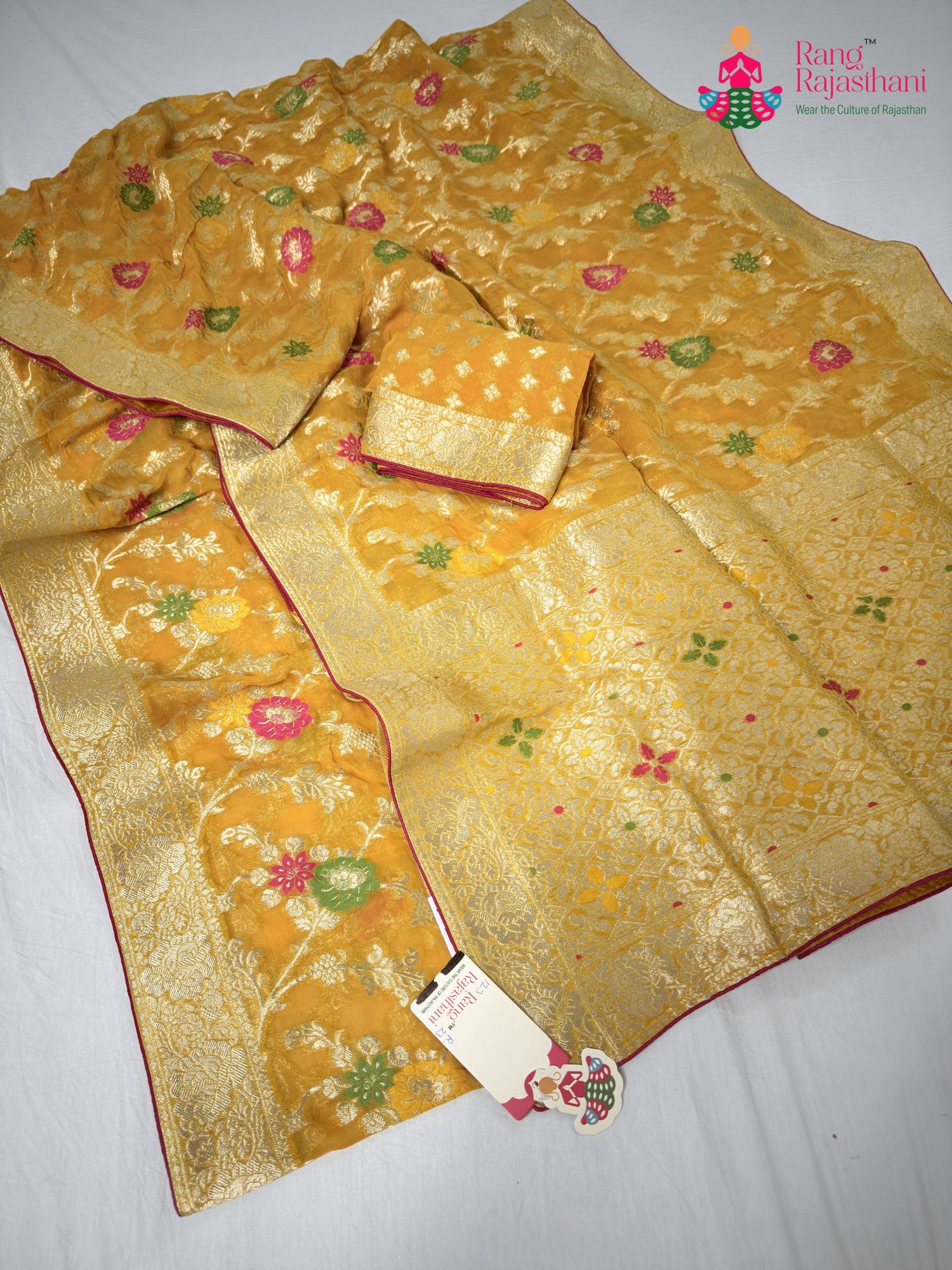 complete look of yellow soft georgette meenakari zari saree