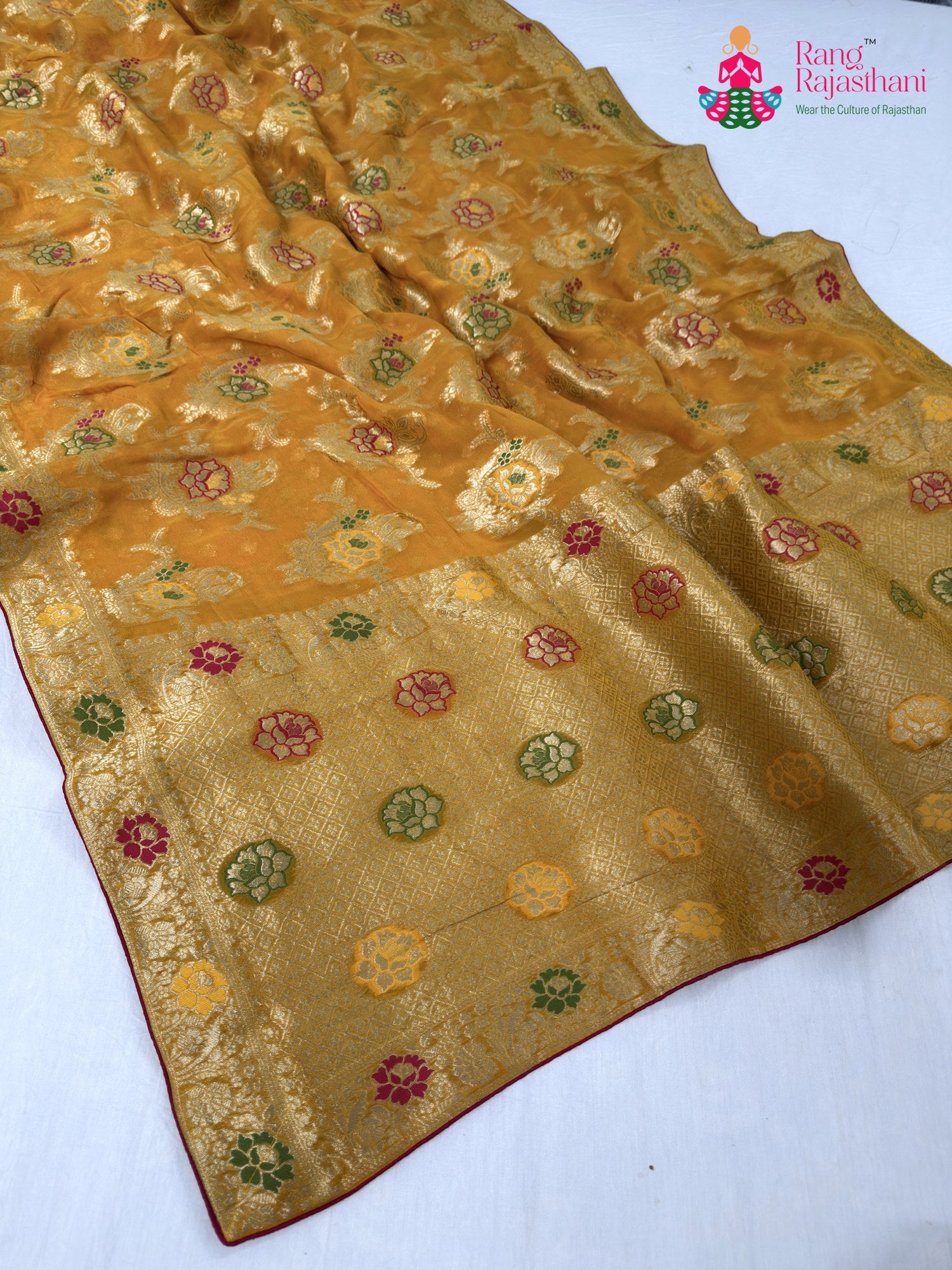 yellow soft georgette meenakari zari saree for motherhood ceremony by Rang Rajasthani