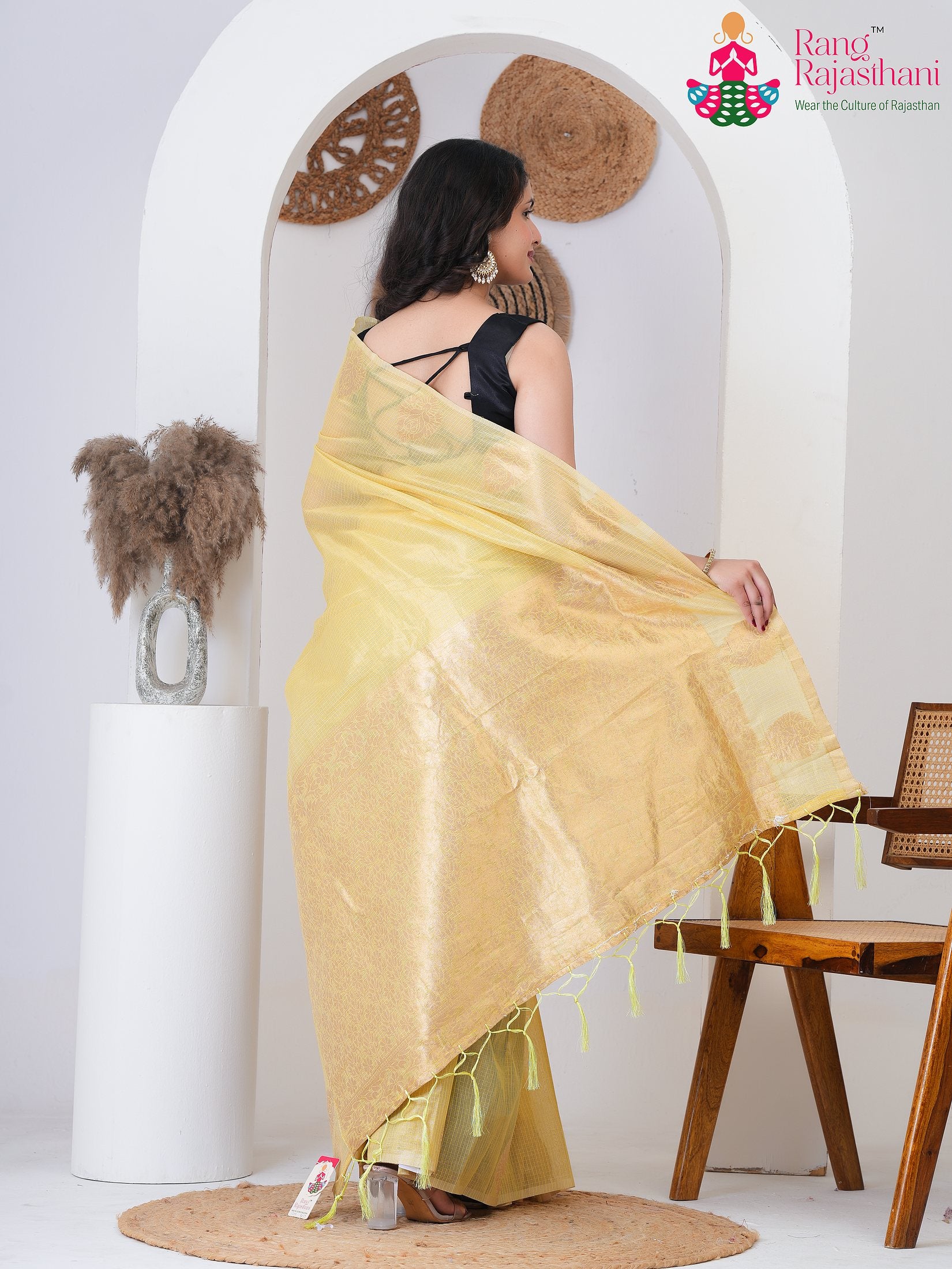 Yellow Imported saree with Printed back view