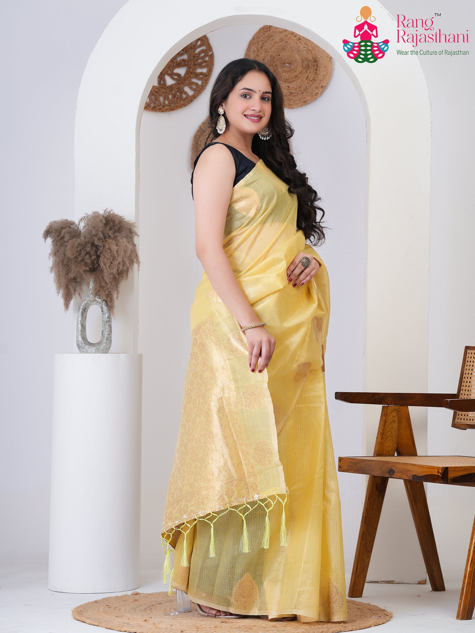 Yellow Imported saree with Printed side drape view