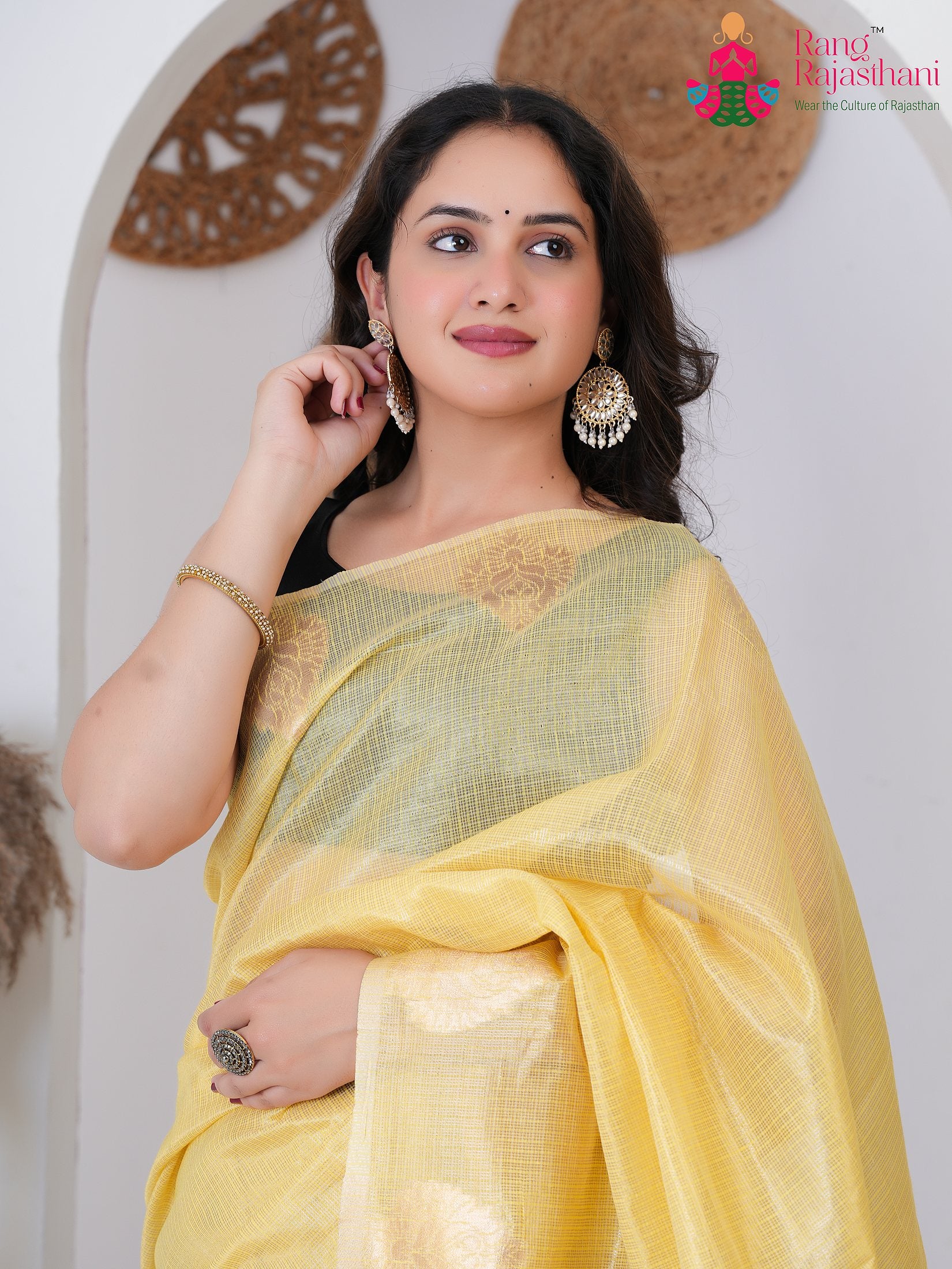 Yellow Imported saree with Printed close up detailing