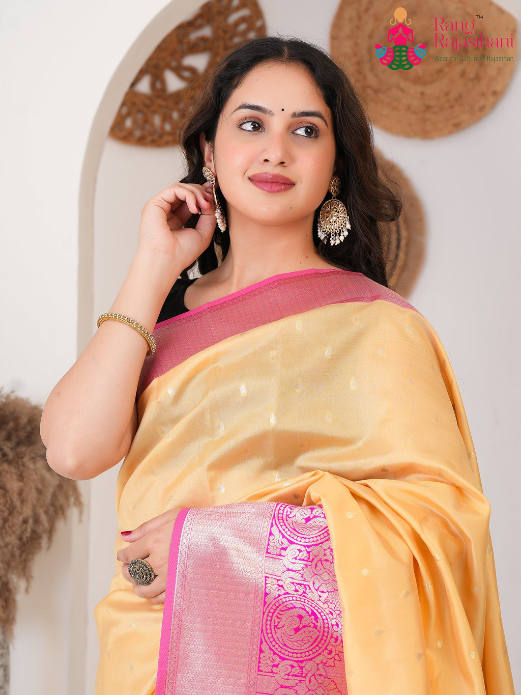 Yellow SyntheticSilk saree with BanarasiZari close up detailing
