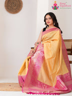 Yellow SyntheticSilk saree with BanarasiZari pallu detailing