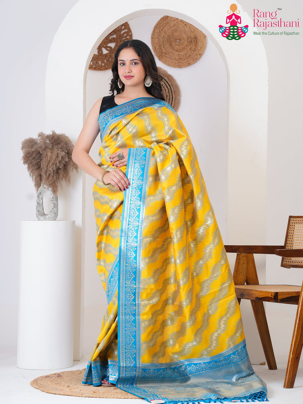 Yellow SyntheticSilk Party saree with BanarasiZari from Rang Rajasthani