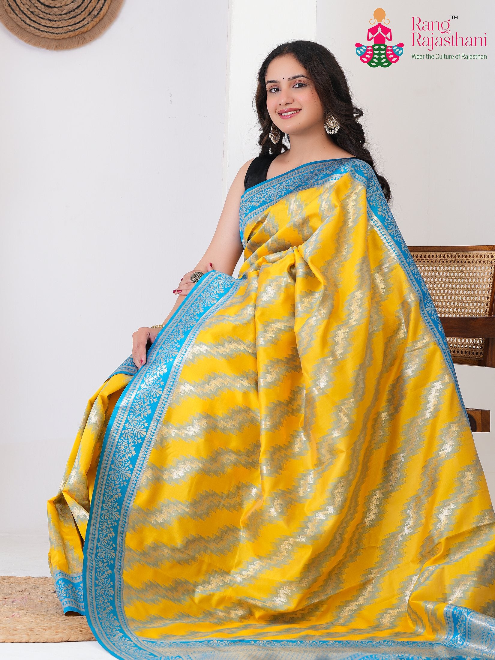 Yellow SyntheticSilk saree with BanarasiZari pleats view