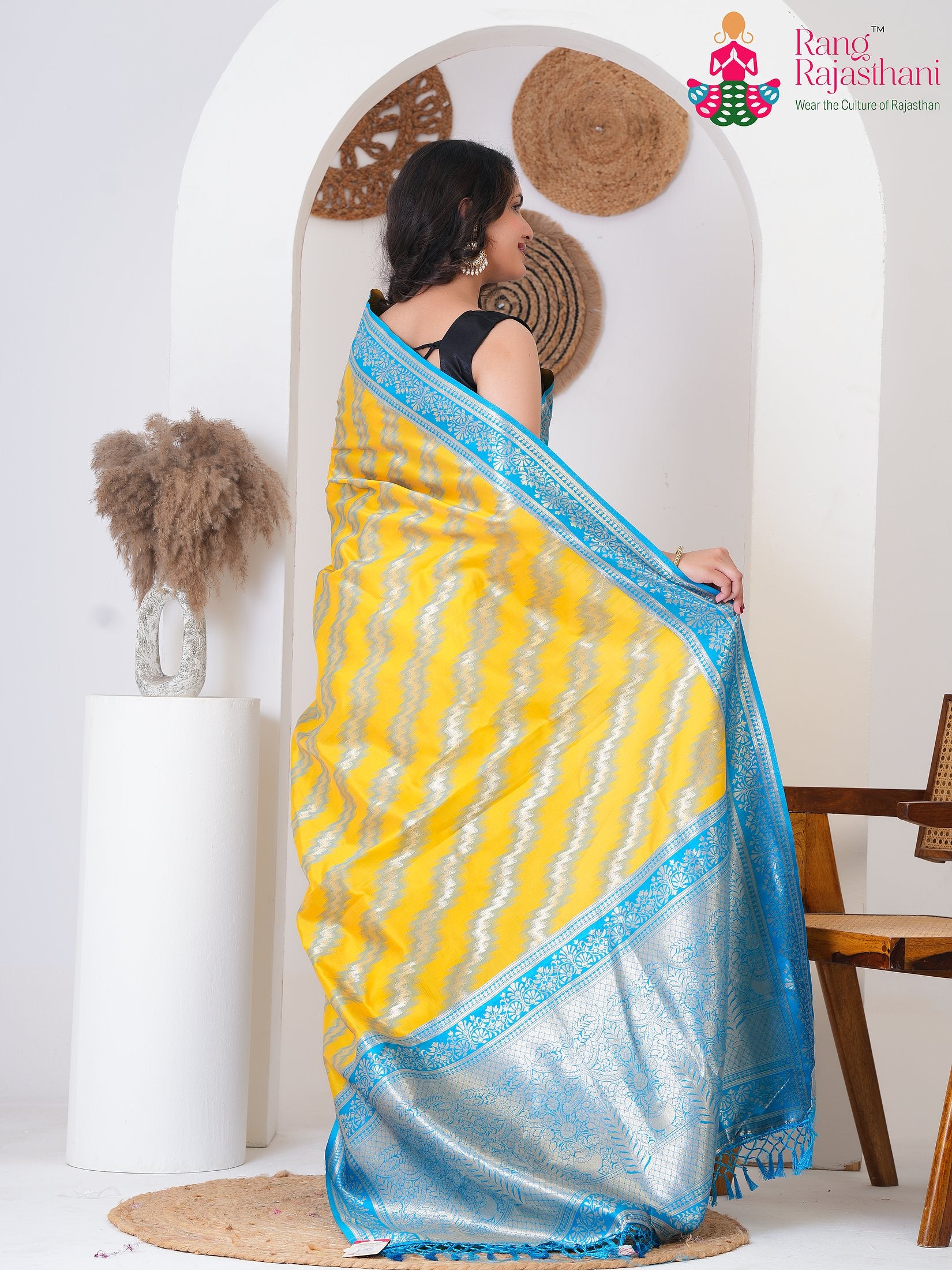Yellow SyntheticSilk saree with BanarasiZari back view