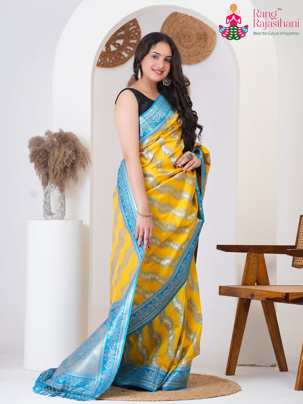 Yellow SyntheticSilk saree with BanarasiZari side drape view