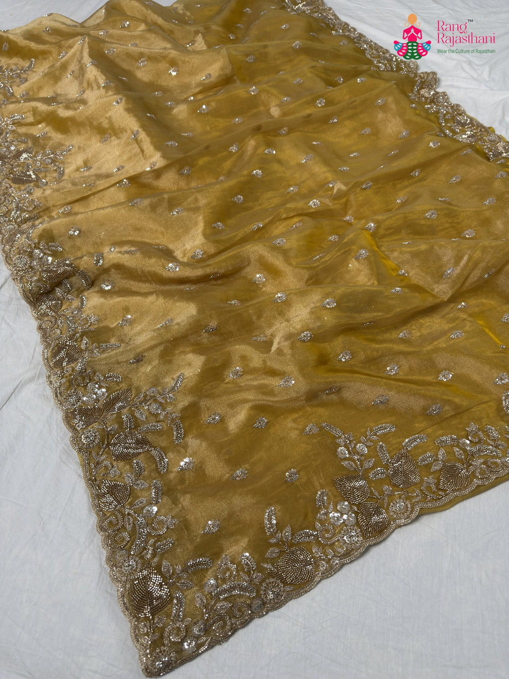 yellow synthetic hand embellishment saree by Rang Rajasthani