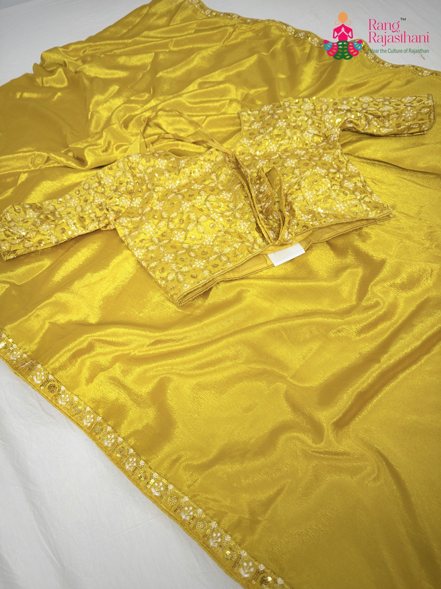 yellow synthetic resham embroidery saree for haldi ceremony by Rang Rajasthani