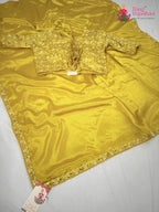 complete look of yellow synthetic resham embroidery saree
