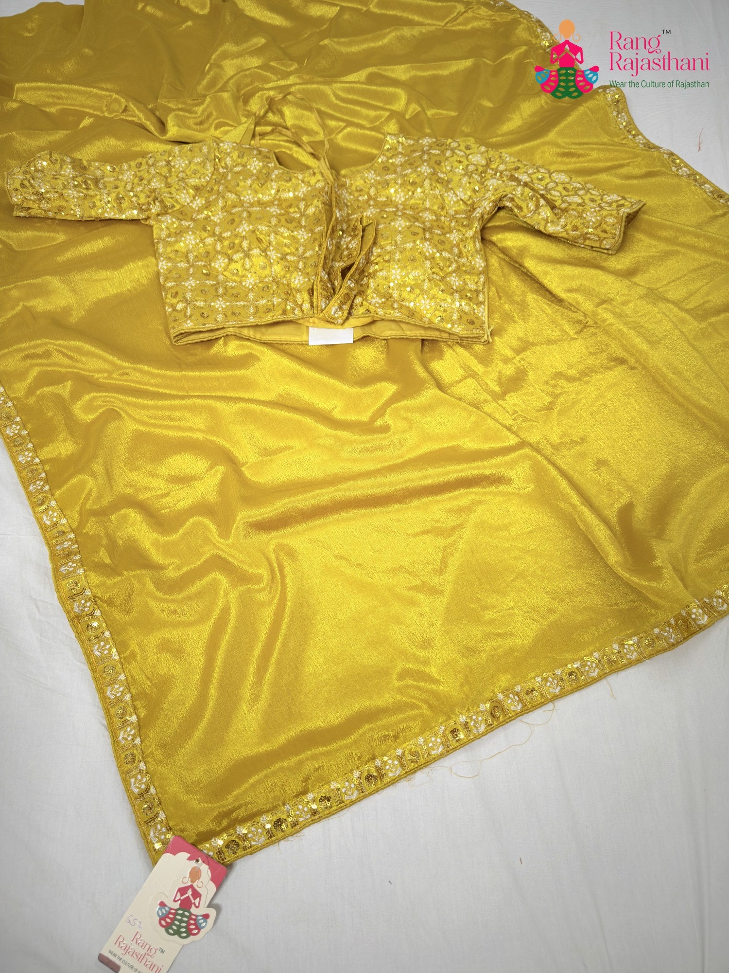 complete look of yellow synthetic resham embroidery saree