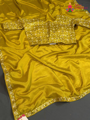 Yellow Art Silk Resham Embroidery Plain Saree for Haldi Ceremony | Exclusive Pick