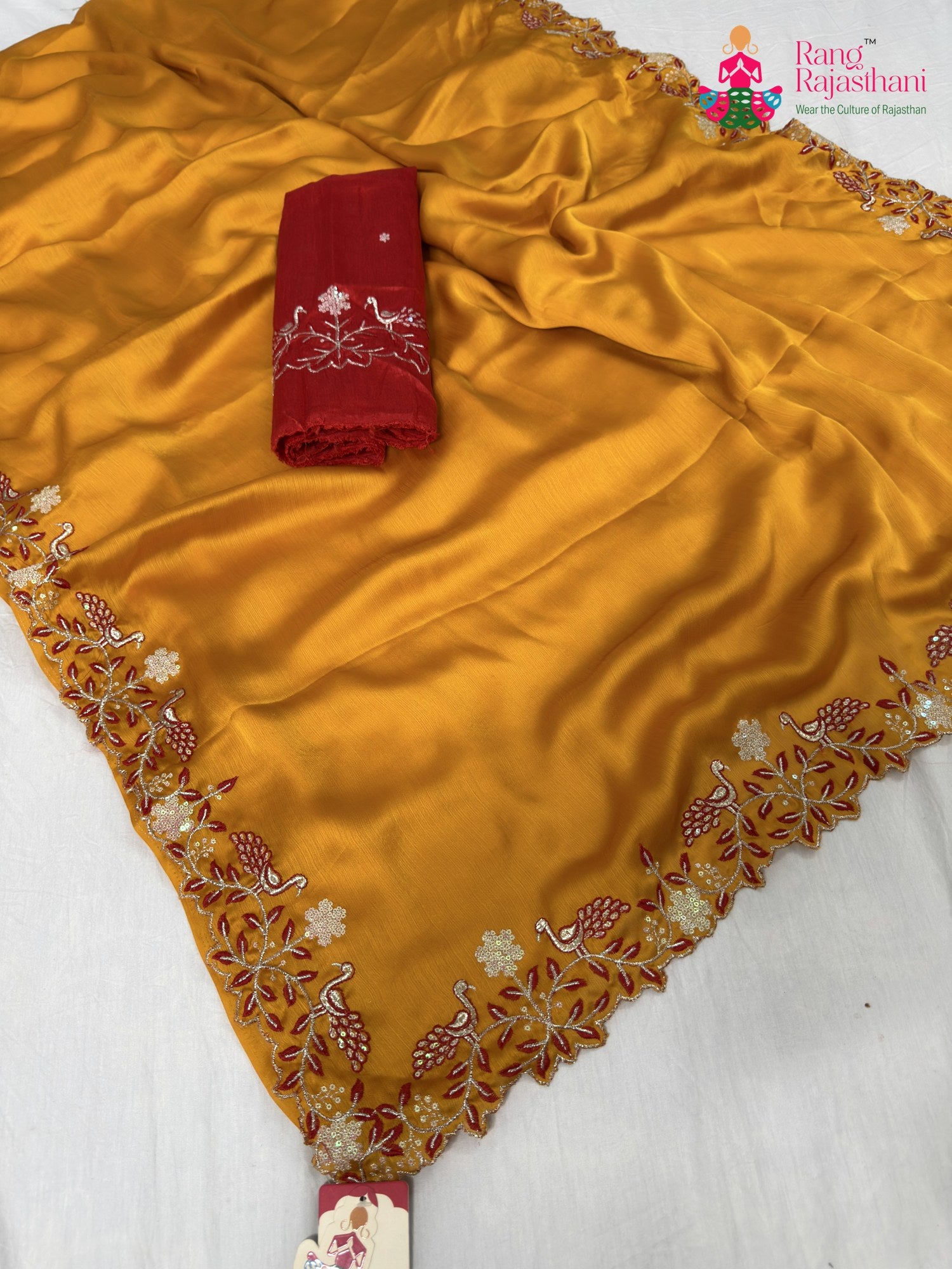 yellow synthetic zari embroidery saree for haldi ceremony by Rang Rajasthani