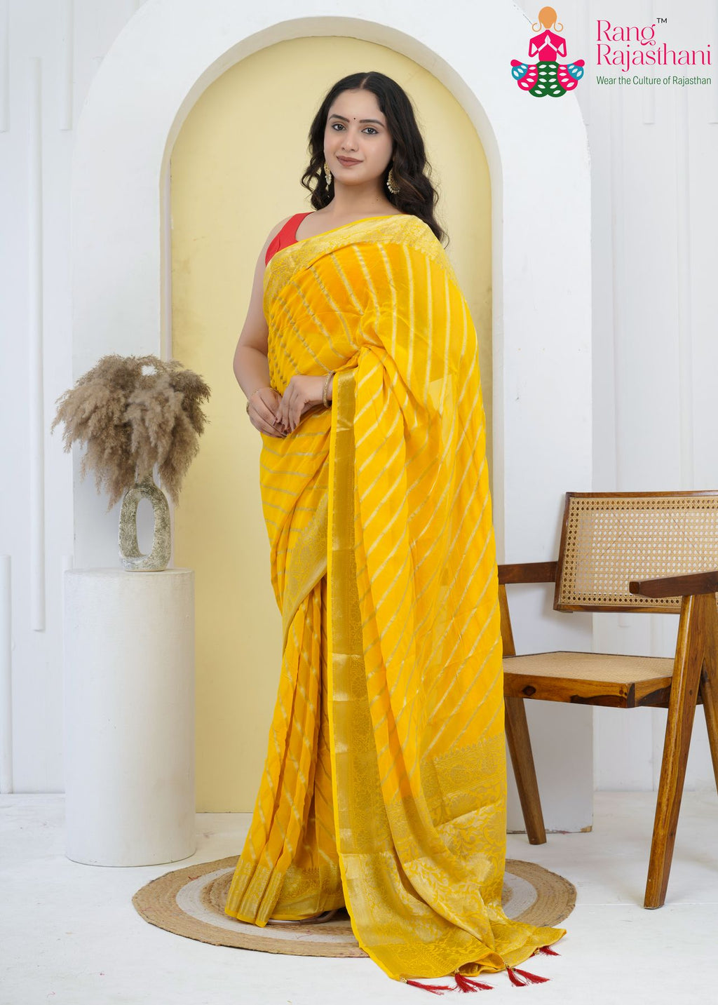 Yellow Pure Georgette Traditional Puja saree with Khaddi Work from Rang Rajasthani