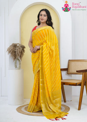 Yellow Soft Georgette Banarasi Zari Weave Leheriya Saree for Haldi Ceremony | Festive Edit