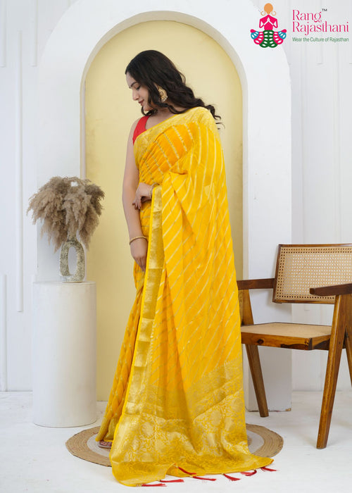 Yellow Soft Georgette Banarasi Zari Weave Leheriya Saree for Haldi Ceremony | Festive Edit main-image